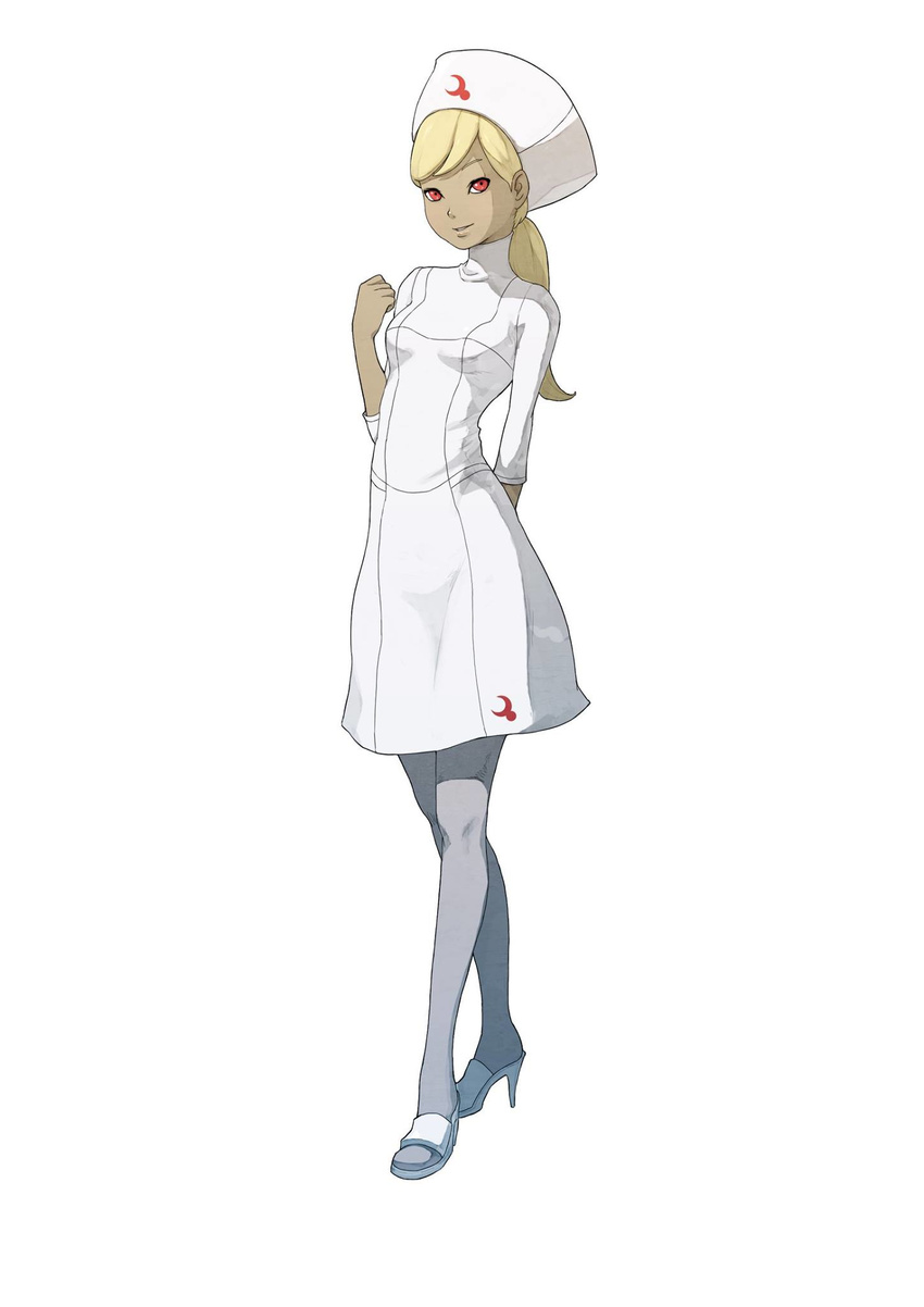 alternate_costume alternate_hairstyle blonde_hair dark_skin full_body gravity_daze gravity_daze_2 grey_legwear hat high_heels highres kitten_(gravity_daze) looking_at_viewer nurse nurse_cap official_art pantyhose ponytail red_eyes saitou_shunsuke smile solo standing