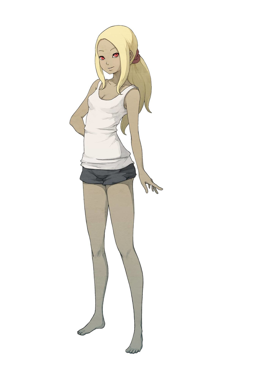 alternate_costume alternate_hairstyle barefoot blonde_hair breasts casual cleavage dark_skin full_body gravity_daze gravity_daze_2 highres kitten_(gravity_daze) looking_at_viewer medium_breasts official_art ponytail red_eyes saitou_shunsuke short_shorts shorts smile solo standing tank_top