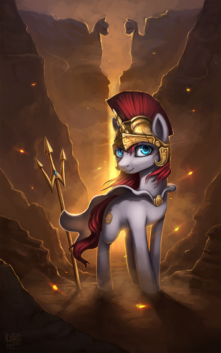 2016 armor blue_eyes cutie_mark detailed_background equine eyelashes fan_character female feral fur hair helmet hooves horn looking_at_viewer mammal my_little_pony rain-gear red_hair smile solo standing unicorn white_fur