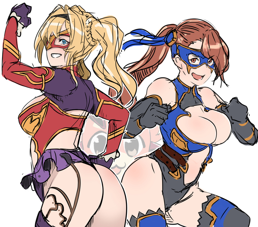 :d absurdres adapted_costume artist_name ass beatrix_(granblue_fantasy) black_gloves blonde_hair blue_eyes braid breasts brown_eyes brown_hair butcha-u cleavage_cutout domino_mask elbow_gloves flat_ass friends gloves granblue_fantasy hair_intakes hairband hand_on_hip highres large_breasts leotard long_hair mask medium_breasts multiple_girls open_mouth outline simple_background sketch smile thighhighs twin_braids twintails v-shaped_eyebrows vee_(granblue_fantasy) white_background wrestler_(granblue_fantasy) wrestling_outfit zeta_(granblue_fantasy)