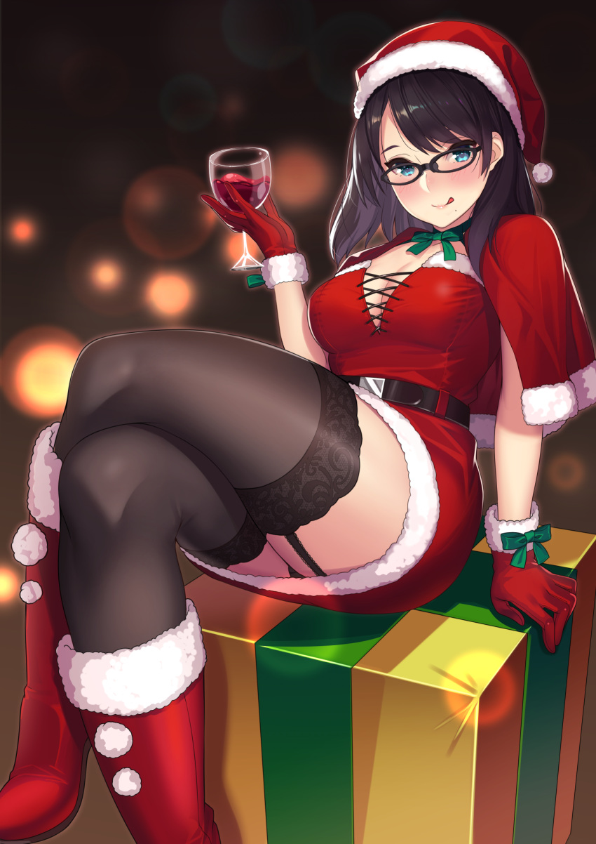 1girl :q alcohol arm_support ass bangs bare_arms belt black-framed_eyewear black_hair black_panties blue_eyes blurry blush boots box breasts brown_legwear capelet christmas_costume cleavage closed_mouth cup depth_of_field dress drinking_glass fur-trimmed_boots fur-trimmed_capelet fur-trimmed_dress fur-trimmed_hat fur_trim garter_straps gift gift_box glass glasses gloves green_neckwear hand_up hat highres holding holding_cup kagematsuri legs legs_crossed lens_flare long_hair looking_at_viewer medium_breasts mole mole_under_mouth neck_ribbon original panties present red_capelet red_dress red_footwear red_gloves red_hat ribbon santa_hat sidelocks sitting sleeveless sleeveless_dress smile solo thick_thighs thighhighs thighs tongue tongue_out underwear wine wine_glass