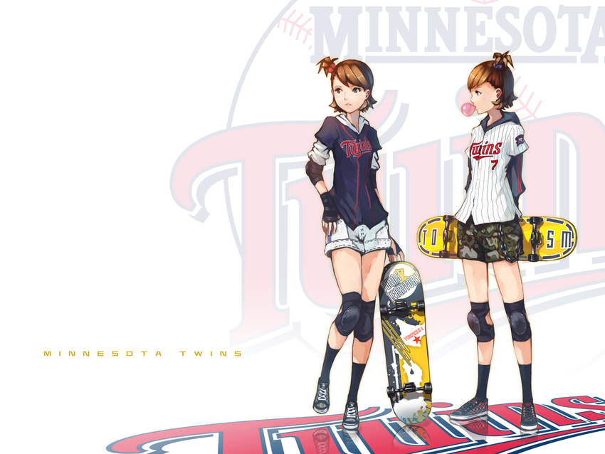 america bad_id bad_pixiv_id baseball brown_eyes brown_hair bubble_blowing casual chewing_gum ekao elbow_pads futami_ami futami_mami hair_bobbles hair_ornament hood hoodie idolmaster idolmaster_(classic) jacket joe_mauer knee_pads major_league_baseball minnesota_twins multiple_girls realistic short_hair shorts siblings side_ponytail skateboard twins