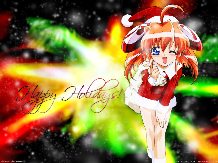 ahoge artist_request blush christmas hat long_sleeves one_eye_closed rizel rizelmine santa_costume santa_hat solo wallpaper