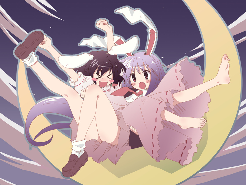 absurdres animal_ears black_hair blush bunny_ears bunny_girl bunnygirl dress duo female game hair hi_res highres inaba_tewi long_hair moon necktie open_mouth purple_hair rabbit_ears red_eyes reisen reisen_udongein_inaba school_uniform shirt short_hair skirt studio_sdt surprise tewi_inaba tie touhou usagimimi wallpaper white_shirt