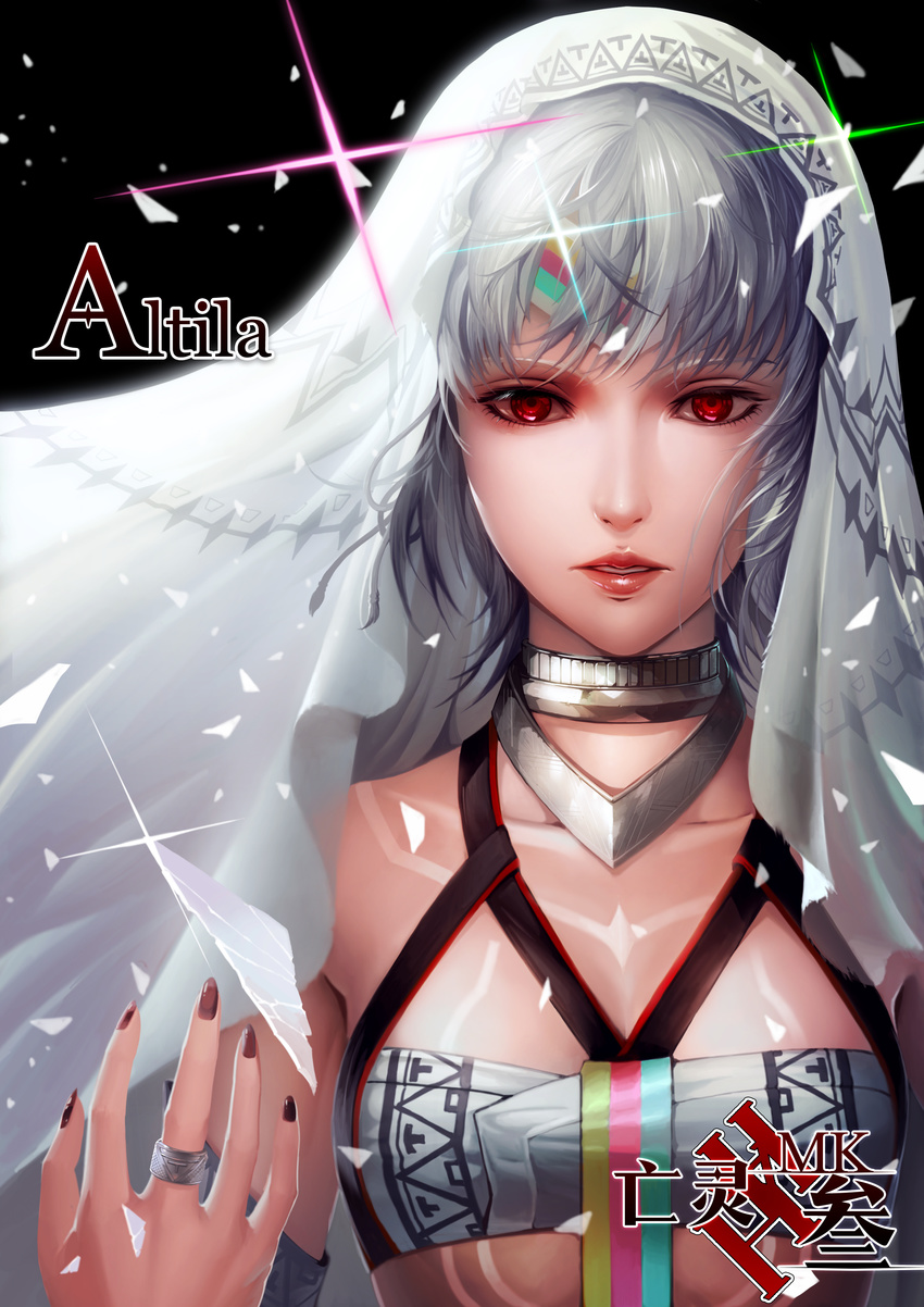 absurdres altera_(fate) armlet bangs bare_shoulders black_background breasts broken_glass character_name collarbone dark_skin diffraction_spikes fate/grand_order fate_(series) glass grey_hair headpiece highres jewelry lips looking_at_viewer multicolored multicolored_stripes nail_polish necklace parted_lips red_eyes red_lips red_nails ring shards short_hair small_breasts solo striped tattoo upper_body veil wangling_mk_san white_hair