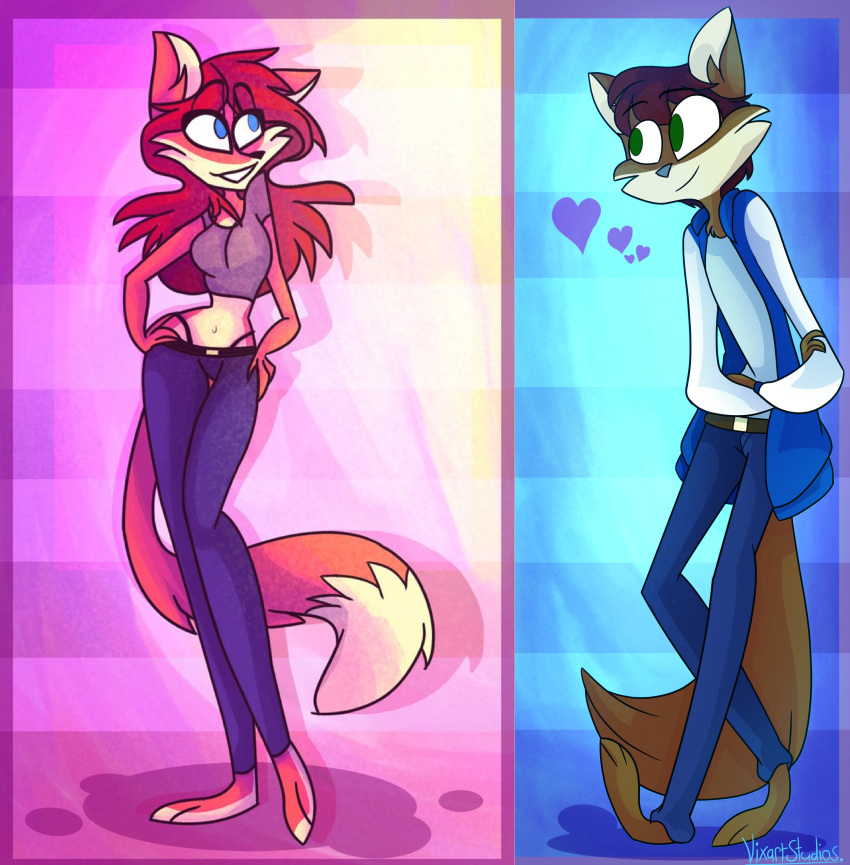 &lt;3 2019 3_fingers 3_toes 80's_theme absurd_res belly belt black_nose blue_background blue_eyes breasts brown_fur canid canine canis clothed clothing couple_(disambiguation) danny_johnson digital_media_(artwork) dipstick_tail domestic_dog feet female fox fur green_eyes hair hi_res invalid_background invalid_tag jeans letterman_jacket looking_up male mammal multicolored_tail no_shoes panties pants pink_background red_fur red_hair shadow simple_background toes tong underwear virginia_cox vixartstudios