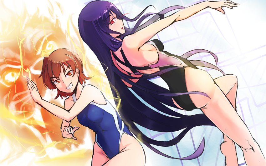 anetai_toyone barefoot brown_hair competition_swimsuit crossover dutch_angle fate/stay_night fate_(series) fighting_stance from_behind fujimura_taiga grin highres keijo!!!!!!!! long_hair multiple_girls one-piece_swimsuit orange_eyes parody pose purple_hair red_eyes saki short_hair smile standing standing_on_one_leg swimsuit yokura_(yukilina)