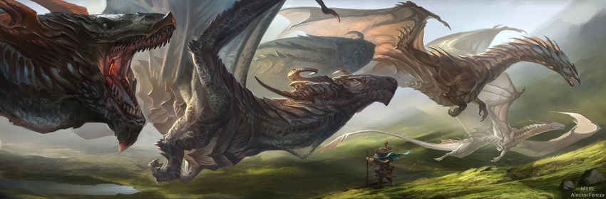 alectorfencer day detailed detailed_background dragon feral flying group horn membranous_wings open_mouth outside standing teeth wings
