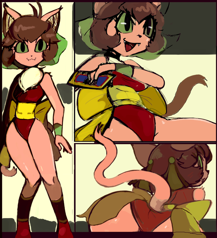 :3 action_pose antenna_hair anthro bent_over boots breasts brown_hair butt cat chest_tuft clawdia clothed clothing cute_fangs digital_media_(artwork) feline female fighting_foodons footwear front_view fur green_sclera hair hair_ribbon leotard looking_at_viewer looking_back mammal meal_ticket multiple_angles n0nrealist narrow_waist open_mouth pink_body pink_fur rear_view ribbons slit_pupils smile solo standing tuft waist_ribbon white_fur