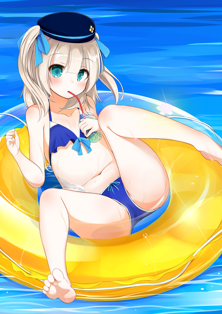 absurdres afloat bare_legs barefoot bikini blue_bikini blue_eyes blush bow collarbone drinking_straw flat_chest hair_bow hair_ribbon highres innertube looking_at_viewer lying navel original partially_submerged revision ribbon silver_hair solo swimsuit tsumiki_akeno two_side_up wet