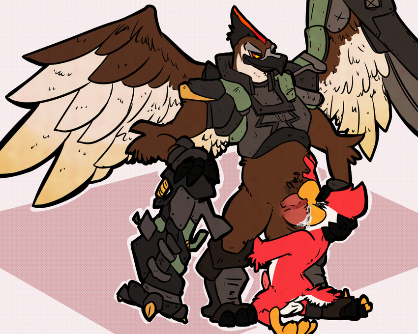 anthro armor avian avian_(starbound) balls battleborn beak benedict big_dom_small_sub big_penis bird bird_husbando blush body_hair cum cum_in_mouth cum_inside cum_splatter duo erection eyes_closed feathered_wings feathers fellatio forced forced_oral kaisertaylorproducts leg_grab looking_back maladash male male/male oral orgasm penetration penis pubes ranged_weapon red_feathers rocket_launcher scrunchy_face sex size_difference smile spread_legs spreading starbound video_games weapon white_feathers wings