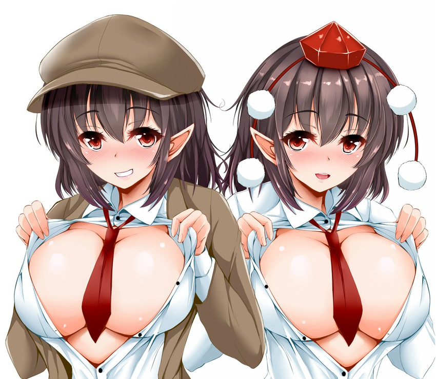 :d black_hair breasts brown_jacket cabbie_hat center_opening commentary_request dress_shirt dual_persona forbidden_scrollery grin hat jacket koza47322 large_breasts long_sleeves multiple_girls necktie open_clothes open_jacket open_mouth pointy_ears pom_pom_(clothes) red_eyes red_neckwear shameimaru_aya shiny shiny_skin shirt smile teeth tokin_hat touhou upper_body white_background white_shirt