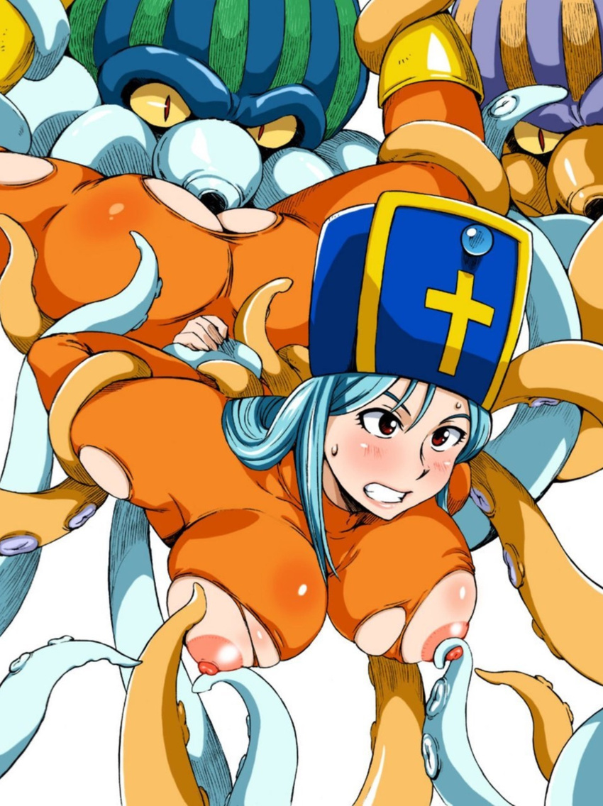 1girl areolae arms_behind_back ass blue_hair blush boots breasts clenched_teeth cunnilingus dragon_quest dragon_quest_iii hat highres large_breasts legs legs_up licking long_hair looking_away machwing monster nipple_tweak nipples oral priest_(dq3) rape red_eyes restrained simple_background skin_tight sweat tentacle thighs torn_clothes white_background