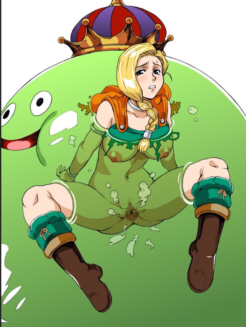 1girl bianca blonde_hair blue_eyes blush boots braid breasts cape censored crown dragon_quest dragon_quest_v feet highres large_breasts legs long_hair looking_at_viewer machwing monster mosaic_censoring mound_of_venus pussy rape shaved shaved_pussy simple_background single_braid spread_legs thighs torn_clothes white_background