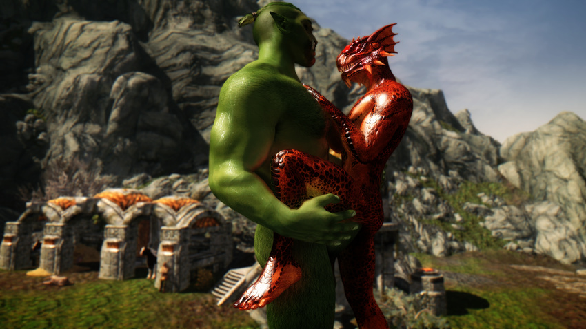 anthro argonian biceps body_hair green_body hair hand_on_butt hand_on_chest humanoid larger_male lizard male male/male mastery_position mmoboys_(artist) muscular orc outside penis red_body reptile scales scalie sex size_difference skyrim smaller_male sweat the_elder_scrolls tusks video_games