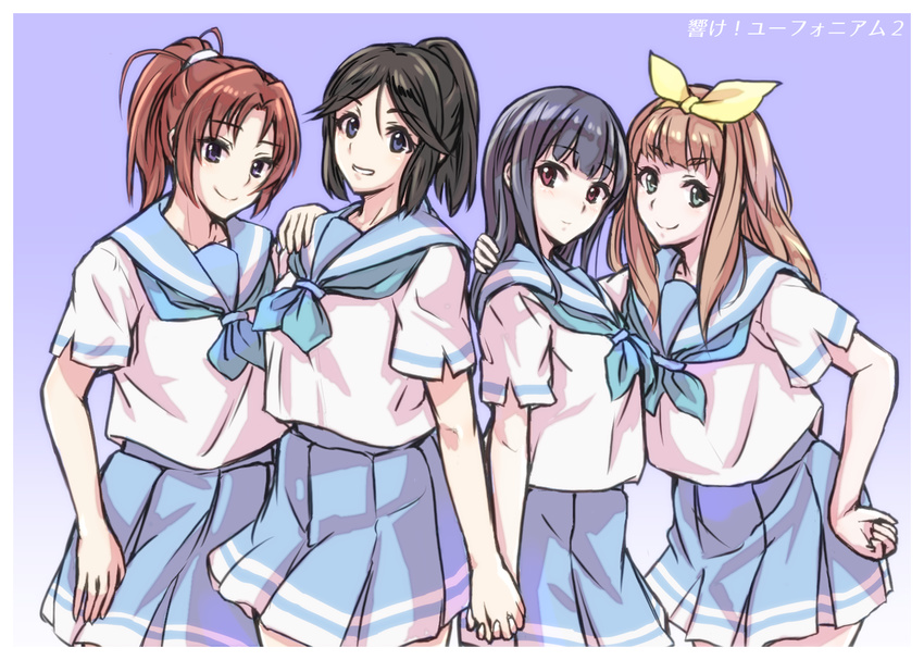 aqua_neckwear black_hair brown_hair copyright_name girl_sandwich green_eyes hand_on_another's_shoulder hibike!_euphonium holding_hands kasaki_nozomi long_hair misogi_(misogi1341) multiple_girls nakagawa_natsuki neckerchief ponytail purple_eyes red_eyes sandwiched school_uniform serafuku short_hair standing yoroizuka_mizore yoshikawa_yuuko