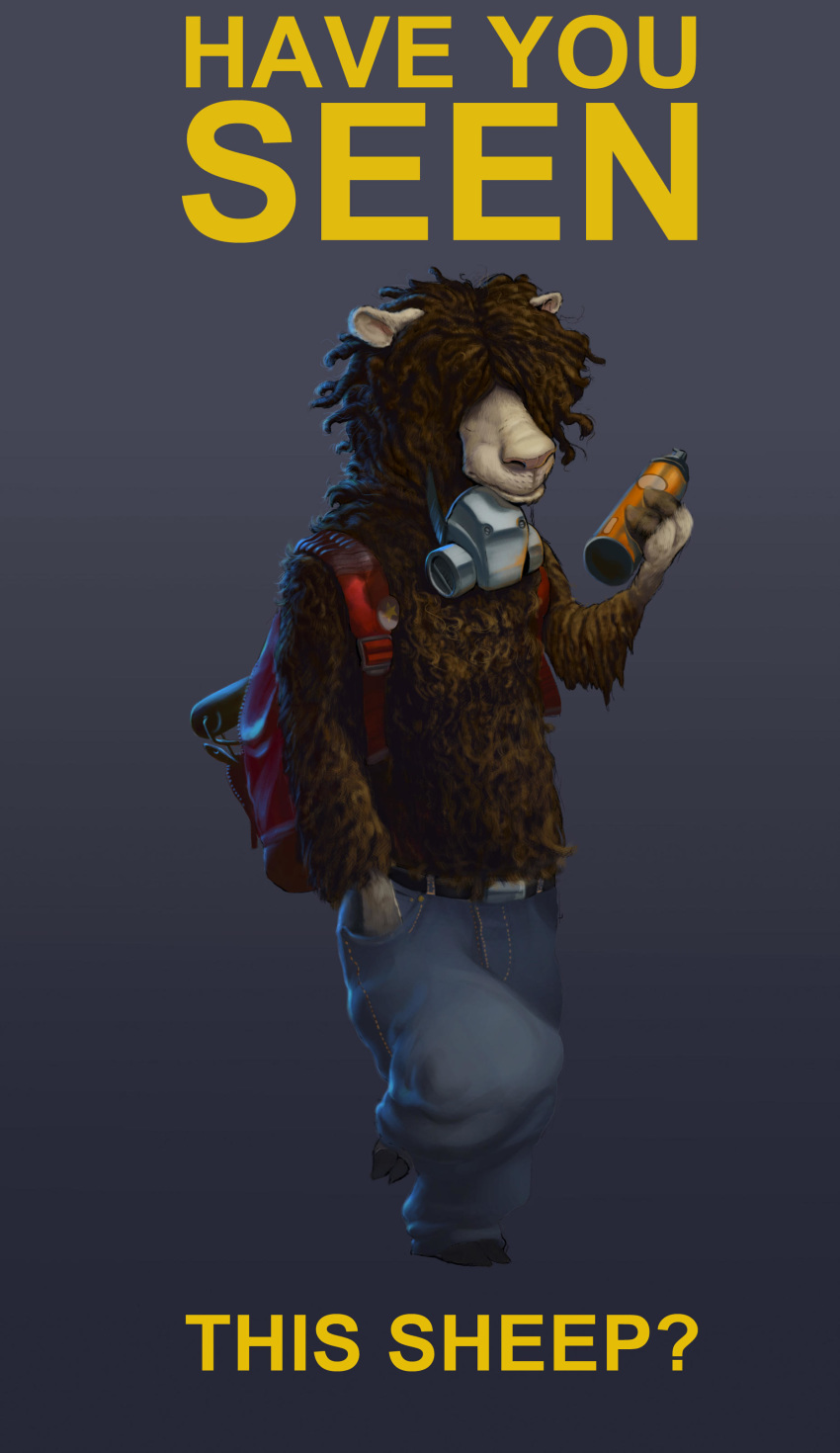 2013 absurd_res anthro backpack barefoot belt biped blue_bottomwear blue_clothing bovid brown_fur brown_hooves can caprine clothed clothing cloven_hooves covered_eyes detailed detailed_fur digital_media_(artwork) digital_painting_(artwork) domestic_sheep english_text frown full-length_portrait fur gas_mask grey_background hand_in_pocket hi_res holding_can holding_object home-ice hooves jeans lighting lincoln_sheep male mammal mask missing_poster multicolored_fur on_one_leg pants pink_nose pockets portrait poster shadow simple_background snout solo spray_can standing tan_fur text topless two_tone_fur whisker_spots wool