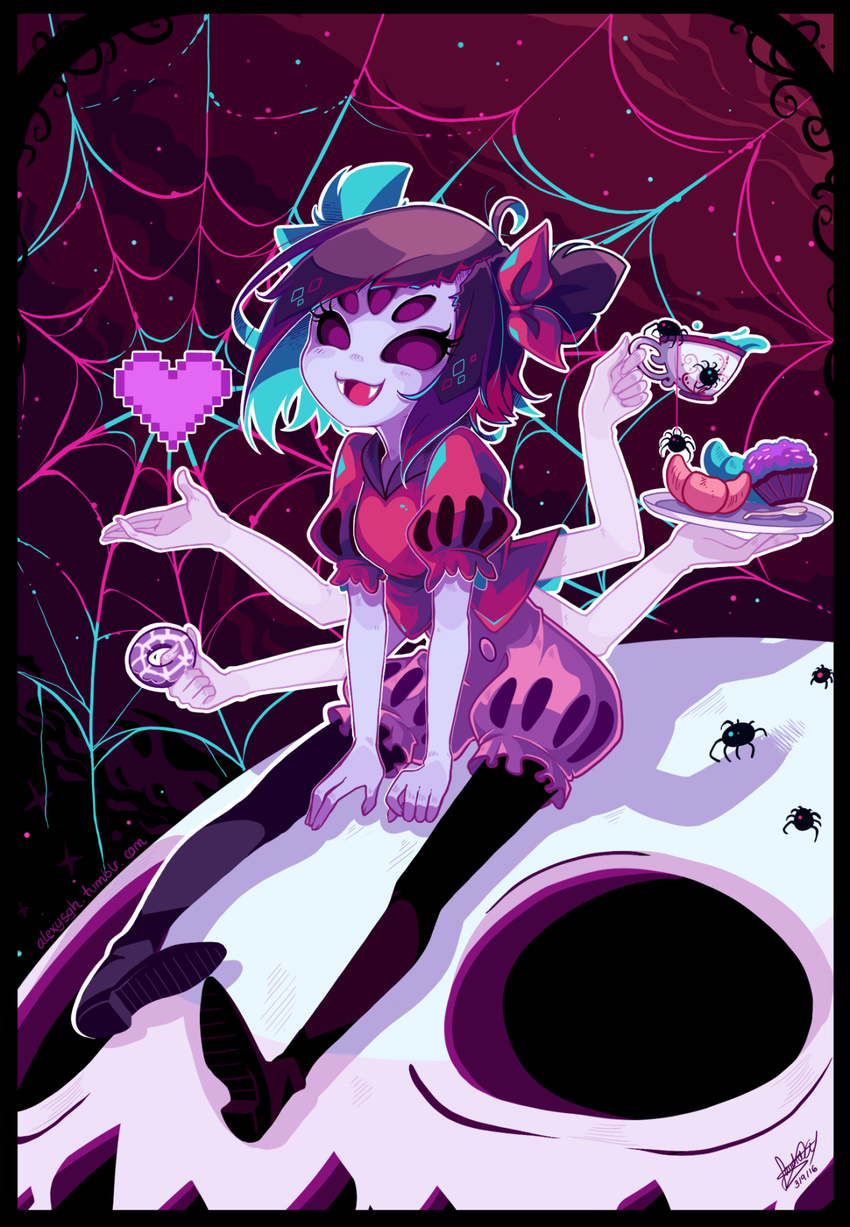 1girl :d creature croissant cup cupcake dated doughnut extra_eyes fangs food heart highres holding holding_cup holding_plate insect_girl leggings muffet muffet's_pet multicolored_hair multiple_arms open_mouth plate puffy_short_sleeves puffy_shorts puffy_sleeves purple_skin sandragh shoes short_sleeves short_twintails shorts signature silk sitting smile spider spider_girl spider_web twintails undertale watermark web_address
