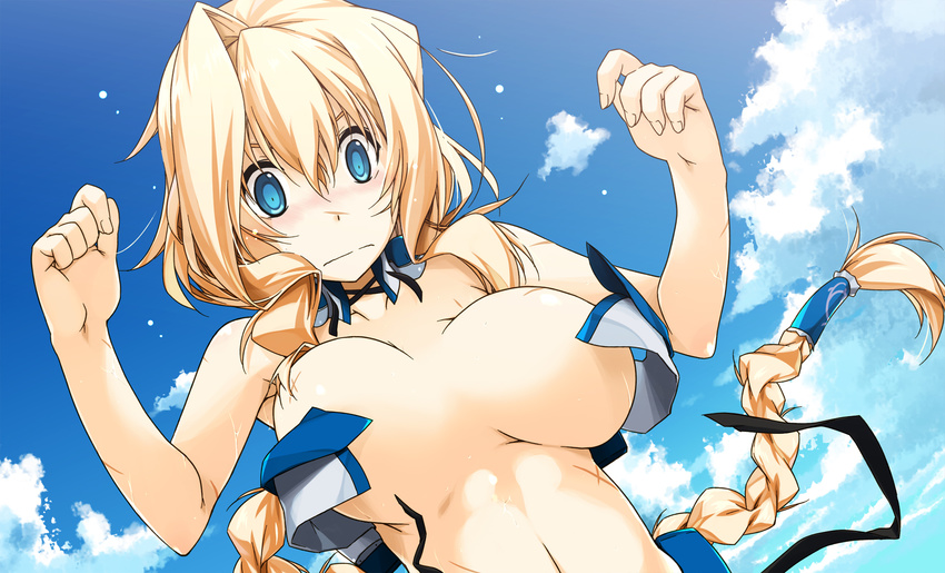 bikini blonde_hair blue_eyes blush braid breasts cloud day embarrassed hair_tubes highres kyoukaisenjou_no_horizon large_breasts long_hair looking_down mary_stuart scar shikei sidelocks single_braid sky solo swimsuit untied untied_bikini upper_body very_long_hair wardrobe_malfunction wide-eyed