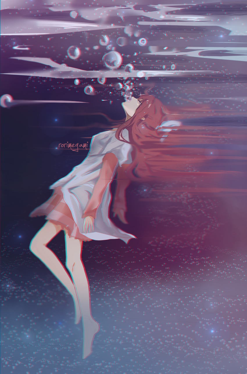 air_bubble artist_name asphyxiation barefoot breath bubble bubble_blowing chromatic_aberration closed_eyes drowning full_body hair_ribbon hanamei highres open_mouth red_hair ribbon rin_(shelter) shelter_(music_video) solo submerged tears underwater water