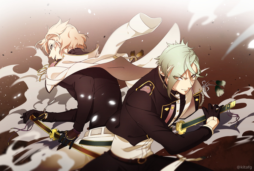 bad_id bad_pixiv_id belt blonde_hair fangs fighting_stance green_hair higekiri_(touken_ranbu) highres hizamaru_(touken_ranbu) holding holding_sword holding_weapon jacket_on_shoulders kitanorth8 male_focus multiple_boys open_mouth sheath sword touken_ranbu unsheathing weapon