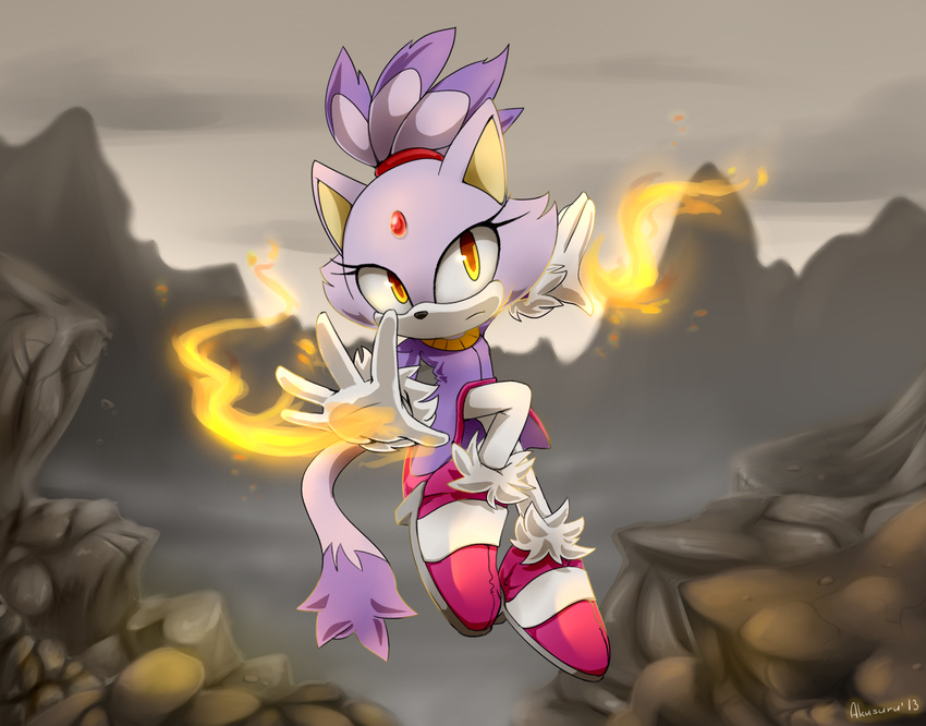 akusuru anthro black_nose blaze_the_cat clothing feline female fire footwear fur gem gloves hair hi_res mammal ponytail purple_fur purple_hair rock signature solo sonic_(series) white_fur yellow_eyes