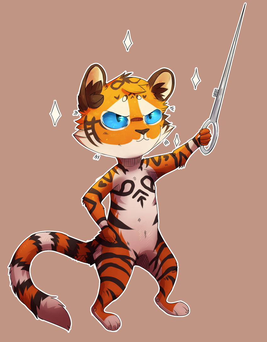 ambiguous_gender anthro blue_eyes chibi dannoitanart feline fur mammal nude sabre_(disambiguation) smile solo standing stripes tiger