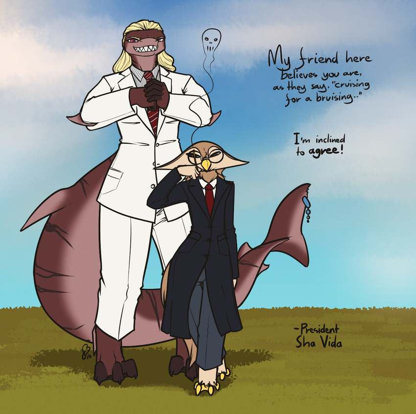 avian bird black_eyes blonde_hair brown_feathers brown_skin cigarette clothing cloud eyewear feathers feretta fish glasses grass grin hair kalie marine necktie owl pink_eyes politics president sha_vida shark sky smoking suit tale_of_tails