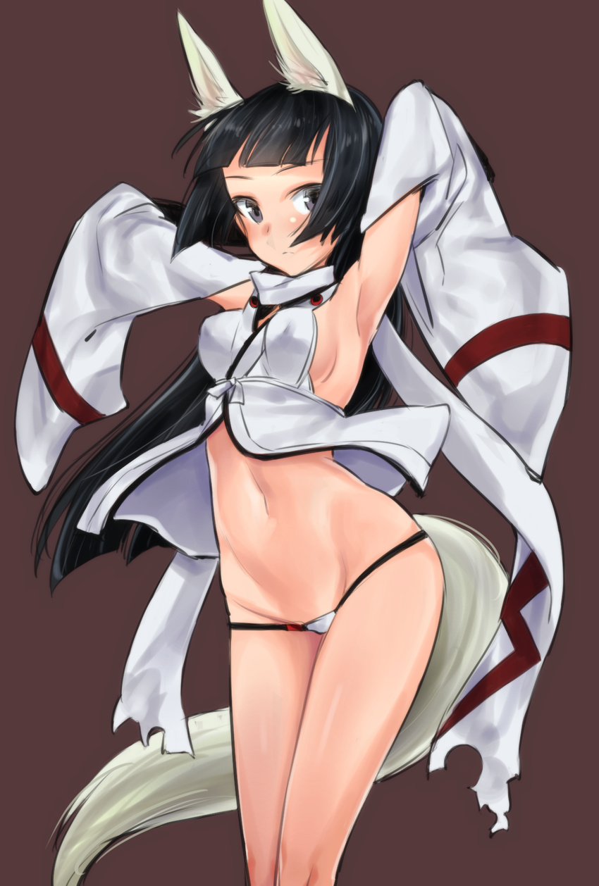 anabuki_tomoko animal_ears aohashi_ame armpits bangs black_eyes black_hair blunt_bangs breasts brown_background covered_nipples cowboy_shot fox_ears fox_tail hands_up highres japanese_clothes long_hair looking_at_viewer medium_breasts micro_panties military navel panties sideboob simple_background solo tail torn_clothes underwear white_tail world_witches_series