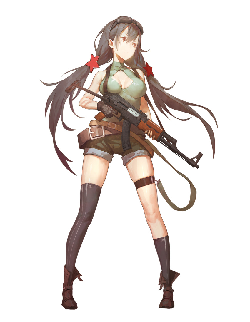 bare_shoulders black_gloves black_legwear breasts cancer_(zjcconan) full_body girls_frontline gloves gun hair_ornament highres holding holding_gun holding_weapon looking_to_the_side medium_breasts shoes shorts single_glove single_thighhigh solo standing star star_hair_ornament thighhighs transparent_background twintails type_56_assault_rifle_(girls_frontline) weapon