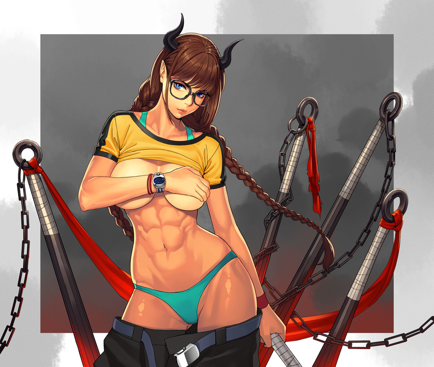 abs aqua_bra aqua_panties arm_at_side bangs belt belt_buckle black-framed_eyewear black_horns black_pants blue_eyes bra bra_lift bracelet braid breast_hold breasts breasts_apart brown_hair buckle chain closed_mouth club collarbone commentary_request contrapposto covering covering_breasts cowboy_shot glasses grey_background groin hair_ornament_removed hair_tie halterneck highres holding holding_weapon horns jewelry large_breasts lips long_hair looking_at_viewer muscle muscular_female navel ogami oni open_fly original outside_border panties pants pants_down pointy_ears red_ribbon ribbon sarashi shade shiny shiny_skin shirt shirt_lift short_sleeves solo sports_bikini sports_bra standing stomach t-shirt tan toned twin_braids twintails unbuckled_belt underwear watch weapon wristband wristwatch