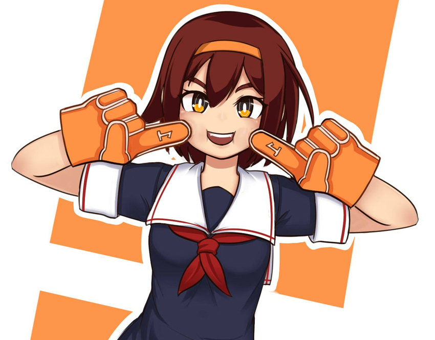 :d black_serafuku black_shirt brown_eyes brown_hair cheek_poking foam_finger hair_between_eyes hairband jacy kantai_collection looking_at_viewer neckerchief number open_mouth orange_hairband pointing pointing_at_self poking school_uniform serafuku shiratsuyu_(kantai_collection) shirt short_sleeves smile solo teeth upper_body white_background