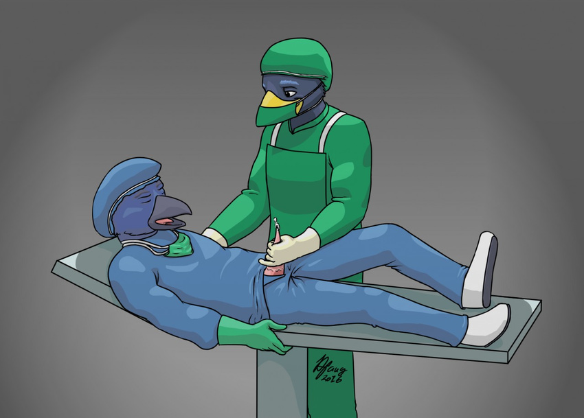 avian bird clothed clothing corvid crow cum decon-d-bingo dentist digital_media_(artwork) doctor erection gloves handjob hospital male male/male mask masturbation medical open_mouth operating_table orgasm patient penis simple_background smile surgeon surgical_mask