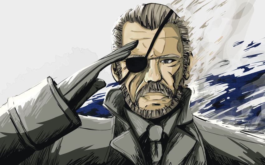 androth beard big_boss blue_eyes cloak crying ears eyebrows eyepatch facial_hair formal green_hair lips looking_at_viewer male_focus metal_gear_(series) metal_gear_solid_4 necktie nose old_man salute simple_background smoke solo tears