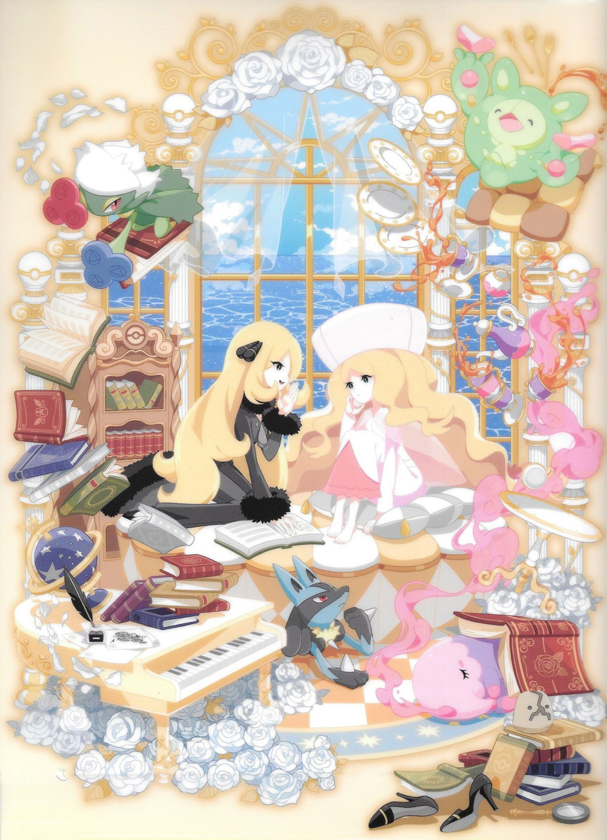 artist_request blonde_hair book cattleya_(pokemon) elite_four gen_4_pokemon gen_5_pokemon highres instrument lucario multiple_girls official_art piano pokemon pokemon_(creature) pokemon_(game) pokemon_bw reuniclus roserade scan shirona_(pokemon) spiritomb