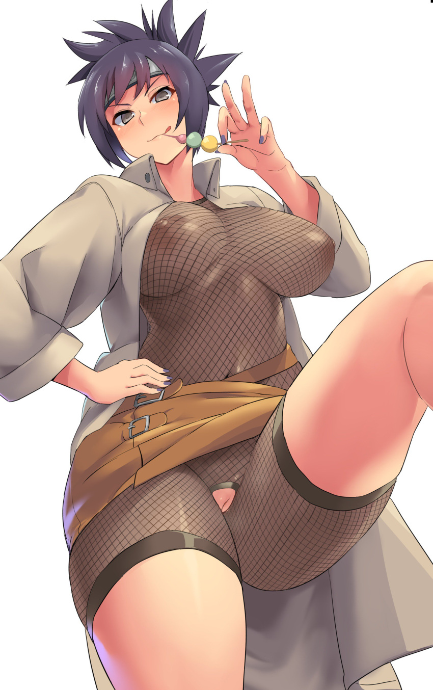 1girl absurdres black_hair blush breasts brown_eyes coat commentary_request eating fishnets food forehead_protector hand_on_hip headband highres large_breasts leg_up looking_at_viewer minakami_(flyingman555) mitarashi_anko nail_polish naruto naruto_(series) ninja nipples no_bra open_clothes ponytail pussy see-through shiny shiny_clothes short_hair solo standing