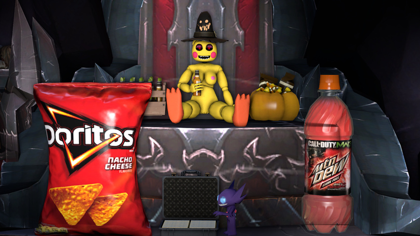 2016 3_toes 3d_(artwork) 4_fingers alcohol animatronic avian barefoot beer beverage bird bottle breasts candy chicken clothing costume crate digital_media_(artwork) doritos feet female five_nights_at_freddy's five_nights_at_freddy's_2 food fruit halloween hat hi_res holding_object holidays looking_at_viewer machine magic_user male mlg moutain_dew nintendo nipples non-mammal_breasts nude pink_nipples pinup pok&eacute;mon pose pumpkin pussy red_eyes robot sableye sitting smile solo source_filmmaker suitcase teeth toes toy_chica_(fnaf) video_games witch witch_hat xboxking37