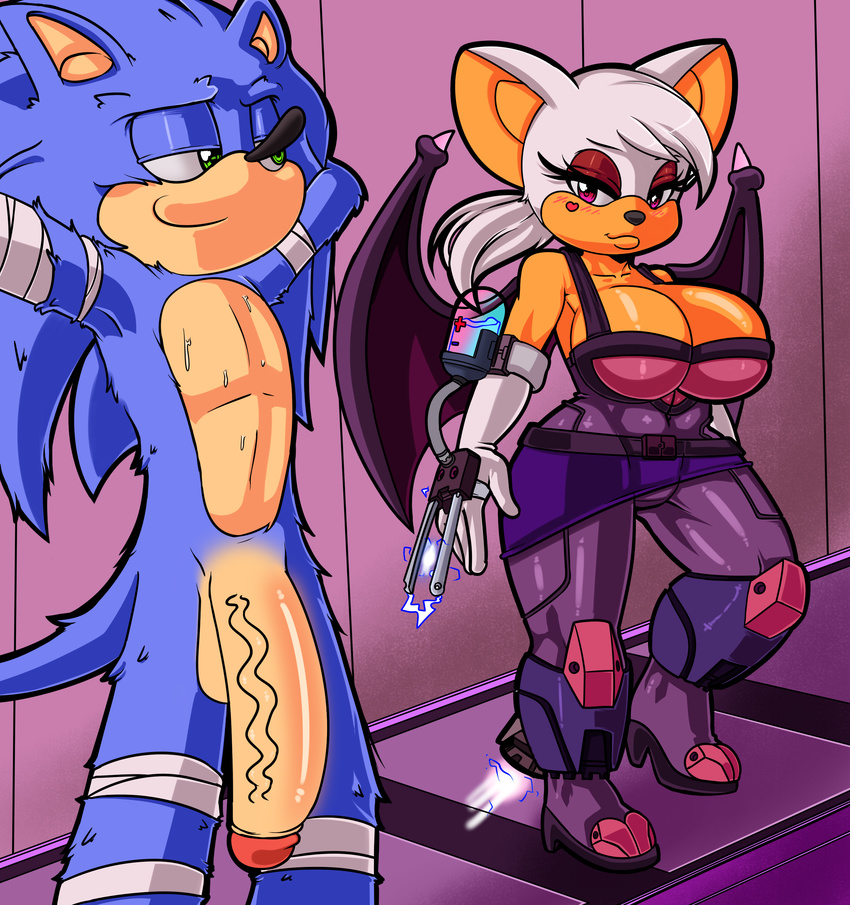 armpits bat big_breasts breasts dreamcastzx1 female hedgehog hithog huge_breasts huge_penis male mammal penis rouge_the_bat sonic_(series) sonic_the_hedgehog tight_outfit wide_hips