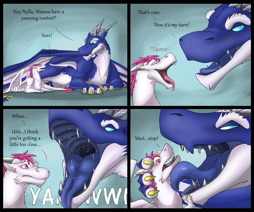 blue_fur comic cute dragon drooling duo eating feral fluffy food forced fur furred_dragon hi_res licking lothar male multicolored_fur nylla open_mouth rimentus saliva sticky tongue tongue_out vore wet white_fur