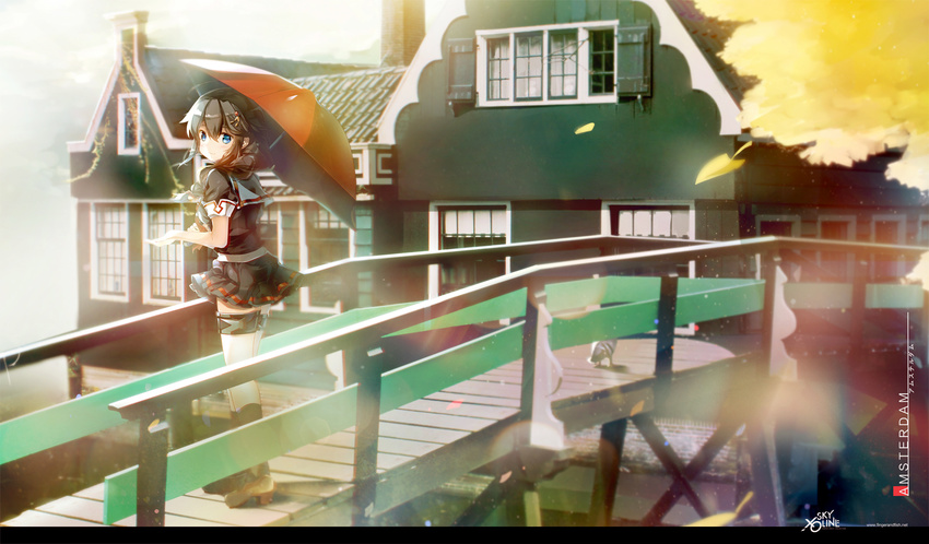 aqua_eyes blush brown_hair building heco_(mama) kantai_collection shigure_(kancolle) skirt umbrella