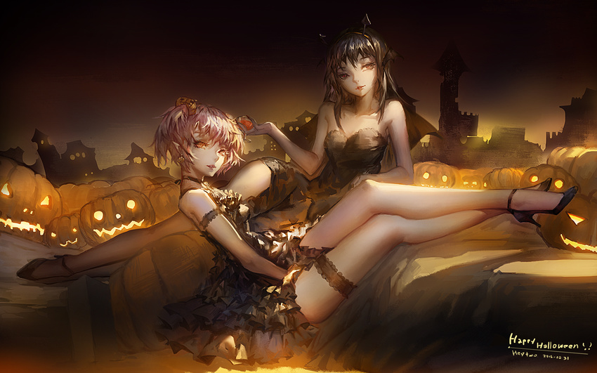 2girls akemi_homura black_hair blackrabbitsoul choker dress drink garter halloween headband kaname_madoka long_hair mahou_shoujo_madoka_magica orange_eyes pink_hair pointed_ears pumpkin short_hair twintails wings