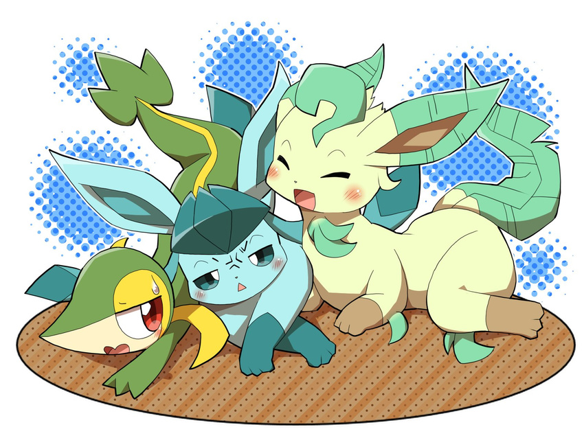 ambiguous_gender annoyed blush eeveelution glaceon group happy hm3526 leafeon nintendo pok&eacute;mon snivy video_games