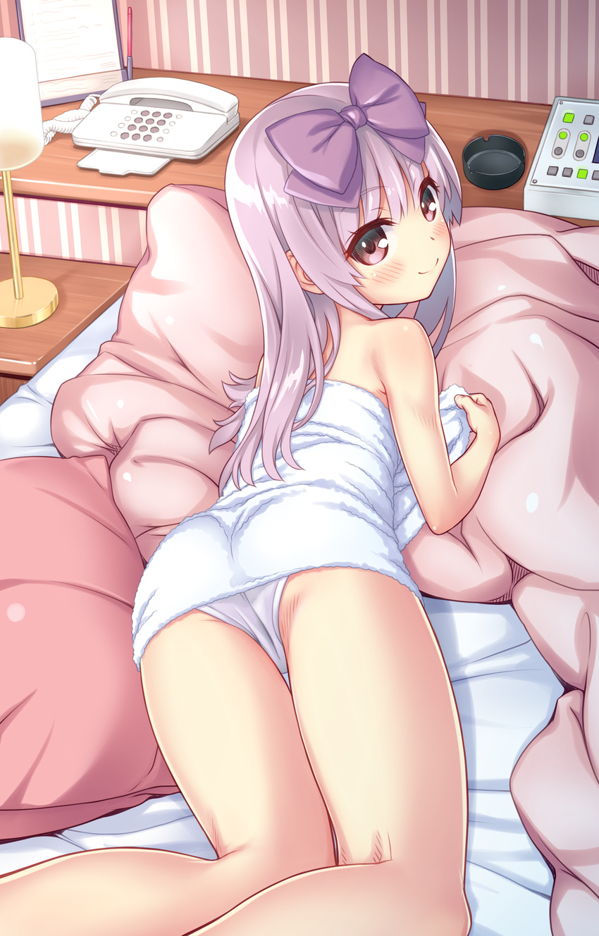 3.1-tan absurdres aoi_kumiko ass bare_legs bare_shoulders bed bed_sheet blush bow from_above hair_bow highres hotel_room indoors long_hair looking_at_viewer looking_back looking_up love_hotel lying on_bed on_stomach os-tan panties pillow purple_eyes purple_hair ribbon smile solo towel underwear white_panties