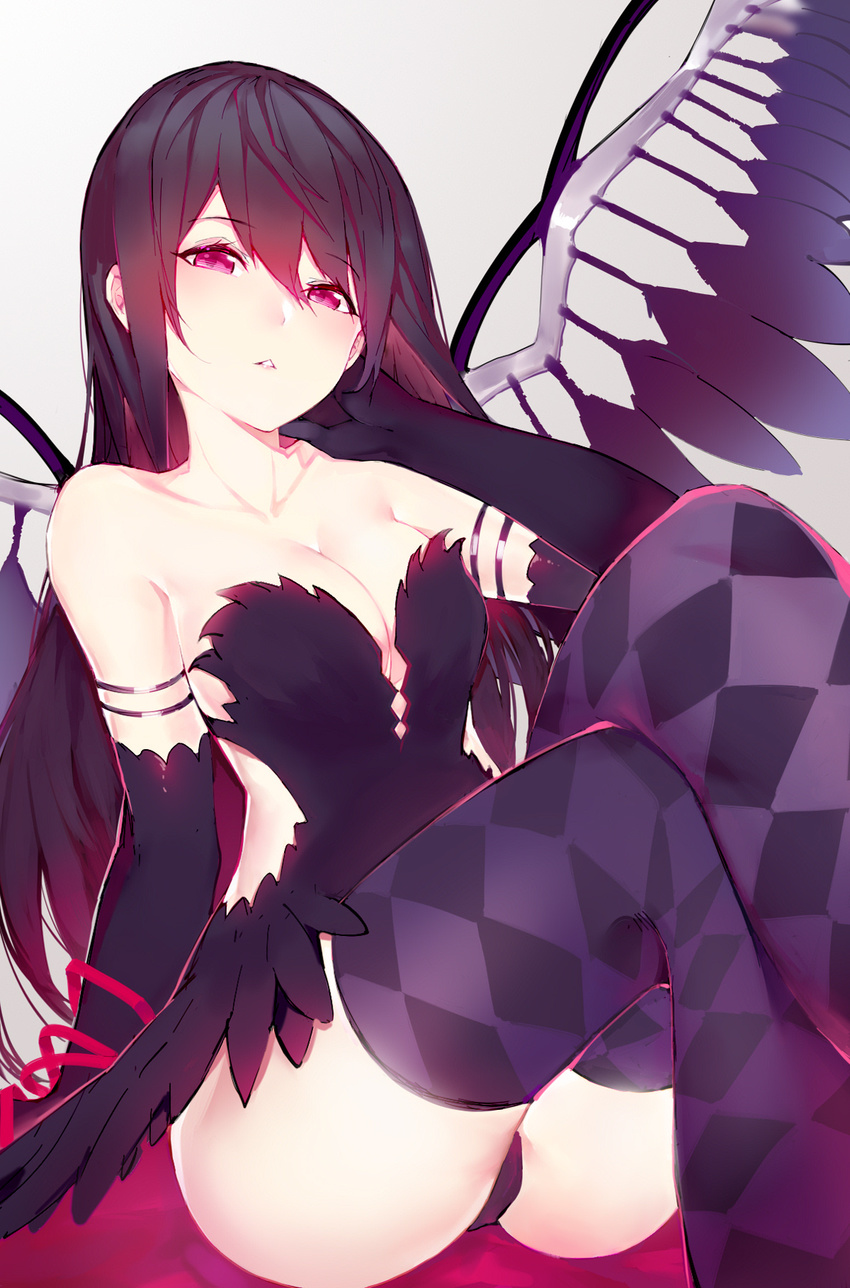 :&lt; akemi_homura akuma_homura alternate_breast_size argyle argyle_legwear bare_shoulders black_gloves black_hair breasts cleavage collarbone elbow_gloves feathers gloves hairband_removed highres horz large_breasts long_hair mahou_shoujo_madoka_magica mahou_shoujo_madoka_magica_movie pink_eyes red_eyes sitting solo thighhighs thighs very_long_hair wings zettai_ryouiki