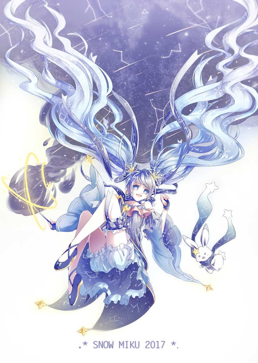 2017 absurdly_long_hair absurdres blue_eyes blue_hair bunny character_name earrings fingerless_gloves gloves hair_ribbon hatsune_miku highres jewelry kicchan long_hair one_eye_closed open_mouth ribbon scarf sky snowflakes star_(sky) starry_sky twintails very_long_hair vocaloid yuki_miku yukine_(vocaloid)