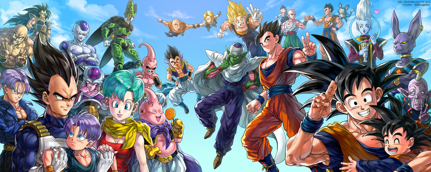 android_18 antennae aqua_eyes aqua_hair armlet bald bare_chest beerus black_eyes black_hair blonde_hair blue_eyes blue_sky breasts bulma candy cape cell_(dragon_ball) chin_rest cleavage clenched_hand closed_eyes cloud crossed_arms day double_v dougi dragon_ball dragon_ball_super dragon_ball_z dress dual_persona earrings everyone facial_hair facial_mark father_and_son fist_bump floating flying food forehead_mark frieza gloves gotenks grin hair_over_one_eye hand_on_hip hat heart highres holding_hands ice_cream jacket jewelry kim_yura_(goddess_mechanic) kuririn lavender_hair lollipop long_hair majin_buu md5_mismatch medium_breasts multiple_boys muscle mustache nappa neckerchief open_mouth parfait pectorals piccolo potara_earrings puar raditz red_dress rou_kaioushin scouter shoulder_pads single_earring sky smile son_gohan son_gokuu son_goten sundae super_saiyan tank_top tenshinhan third_eye tongue tongue_out triangle_mouth trunks_(dragon_ball) v vegeta vegetto very_long_hair vest whis white_gloves white_hair widow's_peak wrist_cuffs wristband yamcha yellow_gloves