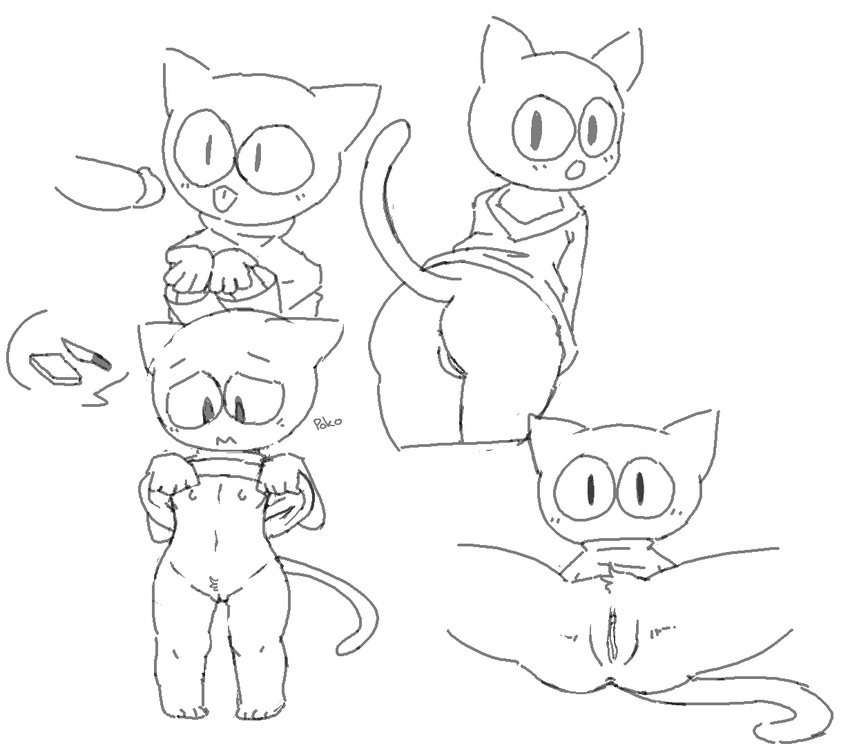 anthro black_and_white blush butt cat cloak clothing disembodied_penis feline female flat_chested frown google knife male mammal momo_(google) monochrome mouthless open_mouth penis poko pussy solo tongue tongue_out