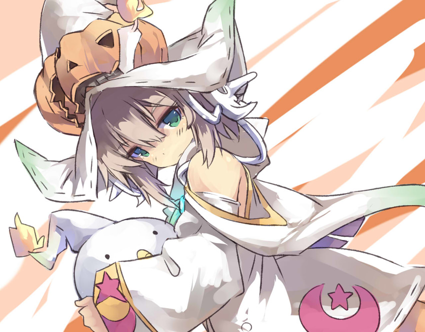 bare_shoulders blush character_request green_eyes halloween hat looking_at_viewer luminous_arc luminous_arc_3 normaland pumpkin sara_(luminous_arc) short_hair solo witch witch_hat