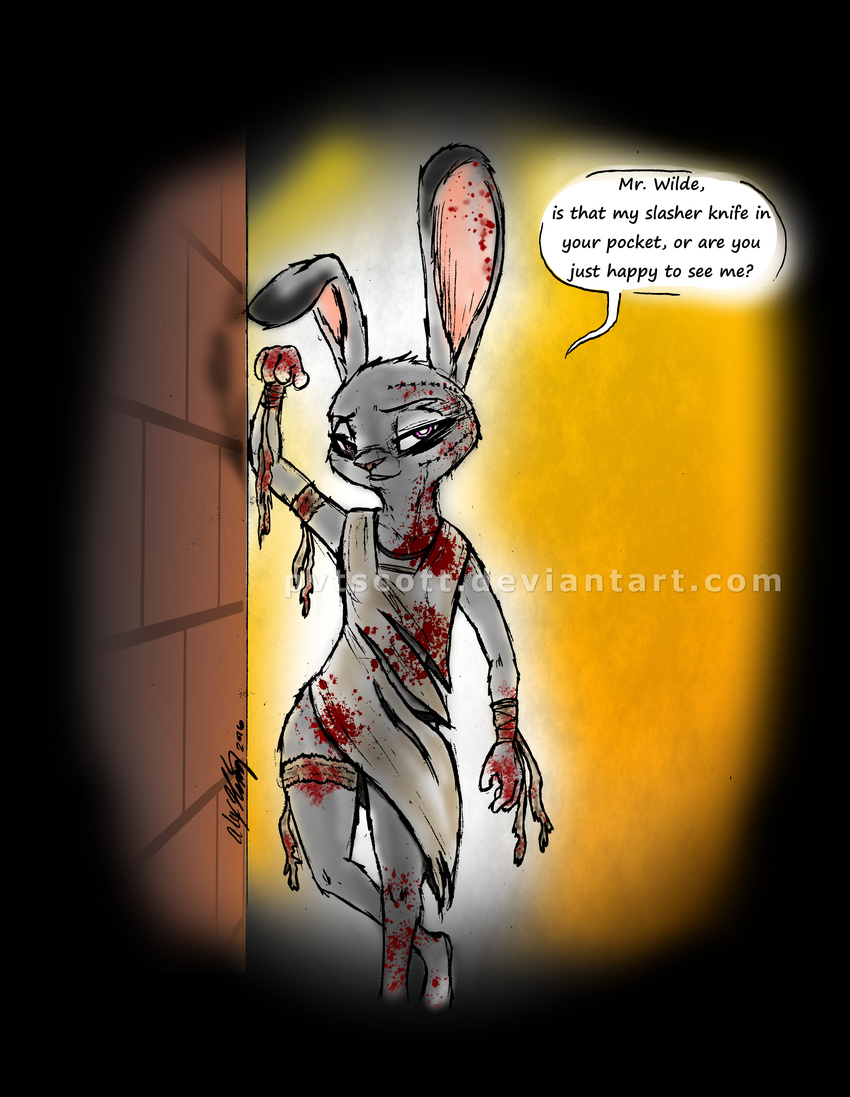 2016 anthro bedroom_eyes blood clothed clothing costume dialogue disney english_text female half-closed_eyes halloween hi_res holidays judy_hopps lagomorph looking_at_viewer mammal panties purple_eyes pvtscott rabbit seductive simple_background solo standing stitches text torn_clothing underwear watermark zootopia