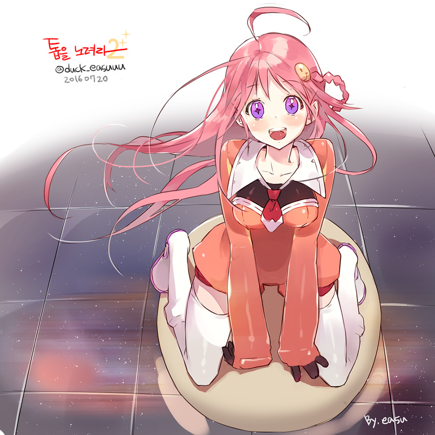 1girl ahoge blue_eyes braid easu_(park_jihye) floating_hair from_above korean long_hair looking_at_viewer nono_(top_wo_nerae_2!) pink_hair scarf seiza sitting smile solo symbol-shaped_pupils thighhighs top_wo_nerae_2! twitter_username